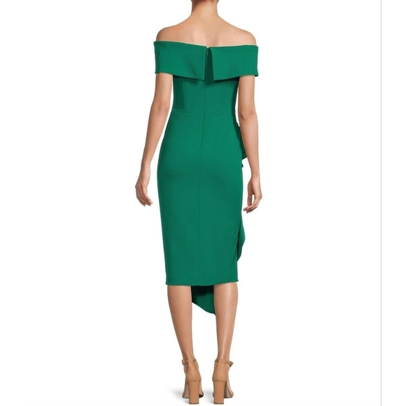 $239 Midi Green Off the Shoulder Scuba Crepe Side Ruched Dress - Picture 7 of 13
